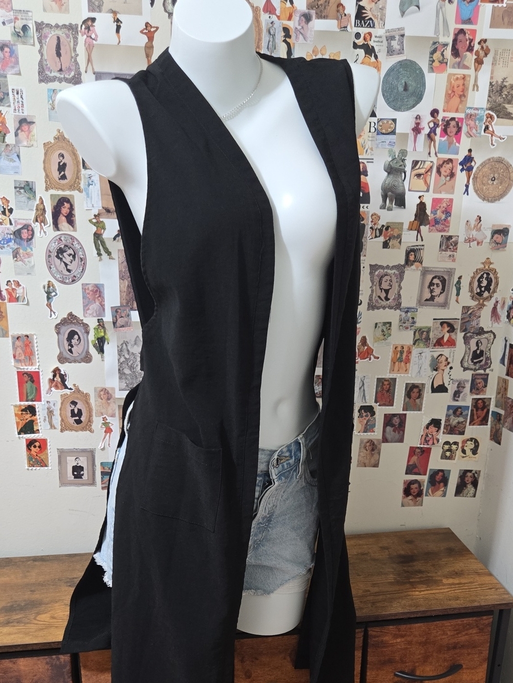 Black longline sleeveless vest open front duster layering piece minimalist tailo